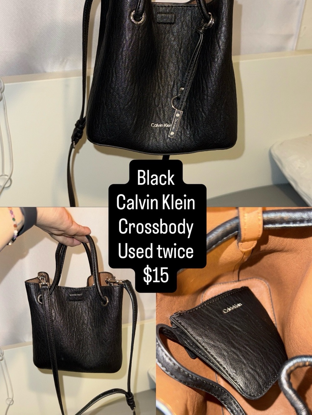 Calvin Klein Black Leather Bucket Crossbody